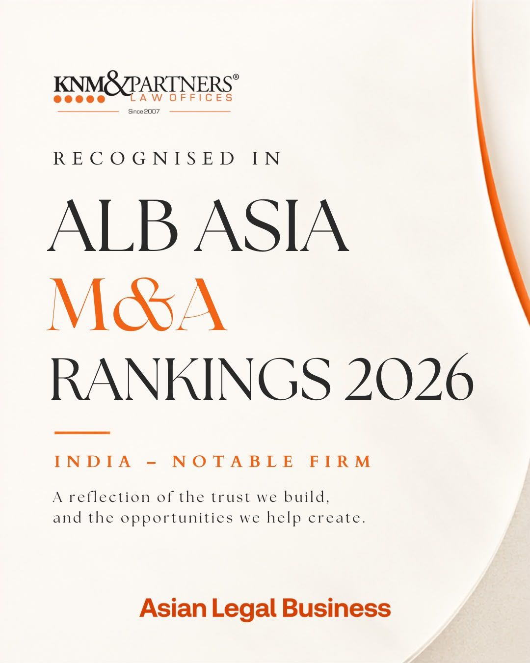 Recognised in ALB Asia M&A Rankings 2026 – Notable Firms, India